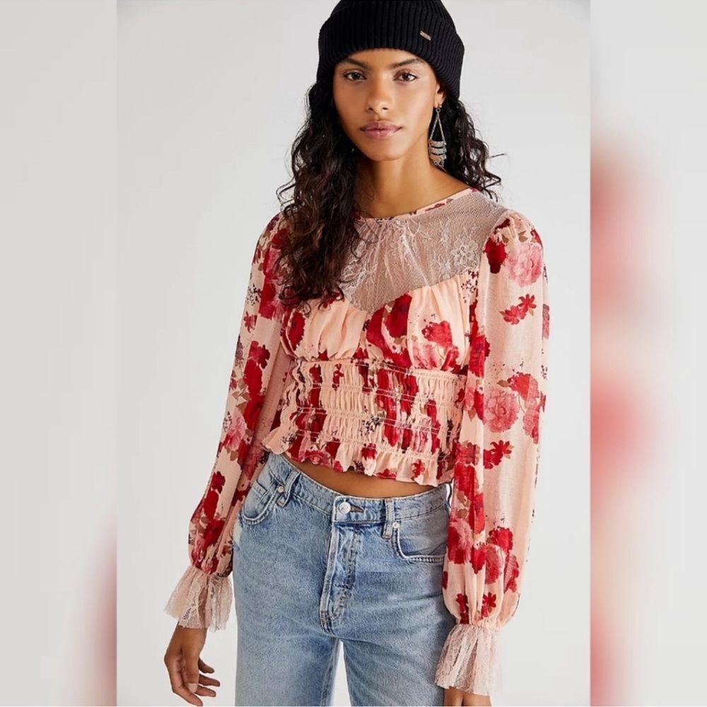 NWT Free People Daphne Floral Chiffon Lace Cropped Blouse in Romantic Combo Sz L